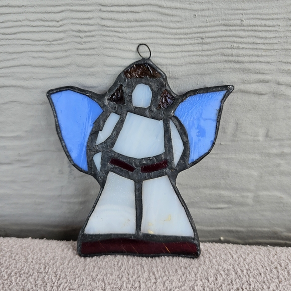 Stained Glass Angel Suncatcher Hanging Blue White Metal 3.5" Handcrafted - Picture 2 of 10